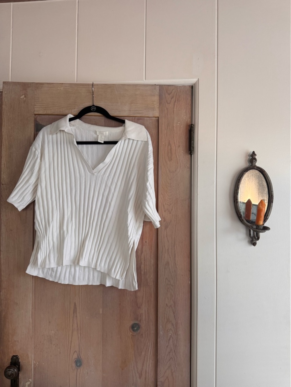 H&M White Ribbed V-Neck Collared Short Sleeve Top